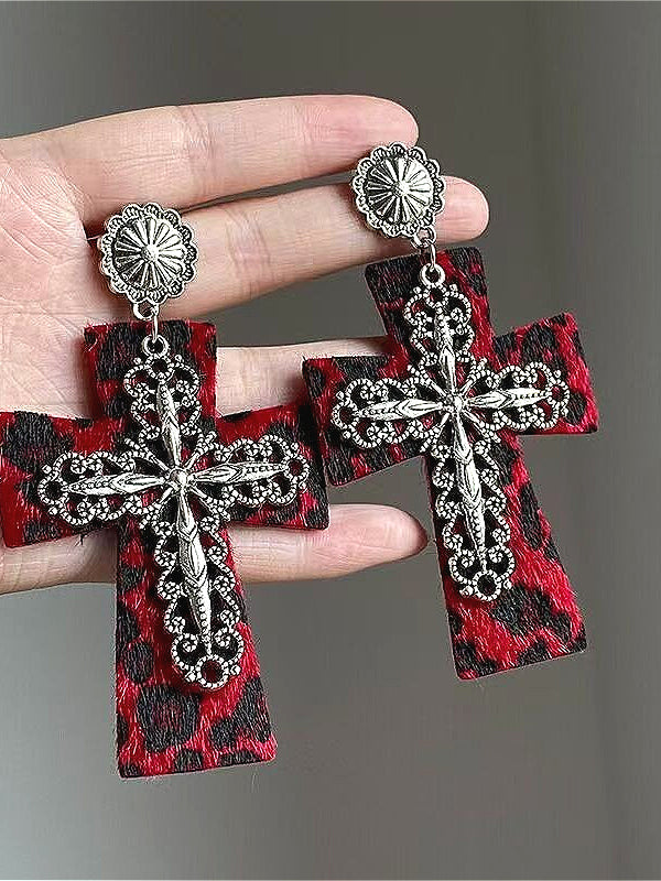 Gothic Dark Red Leopard Print Cross Earrings