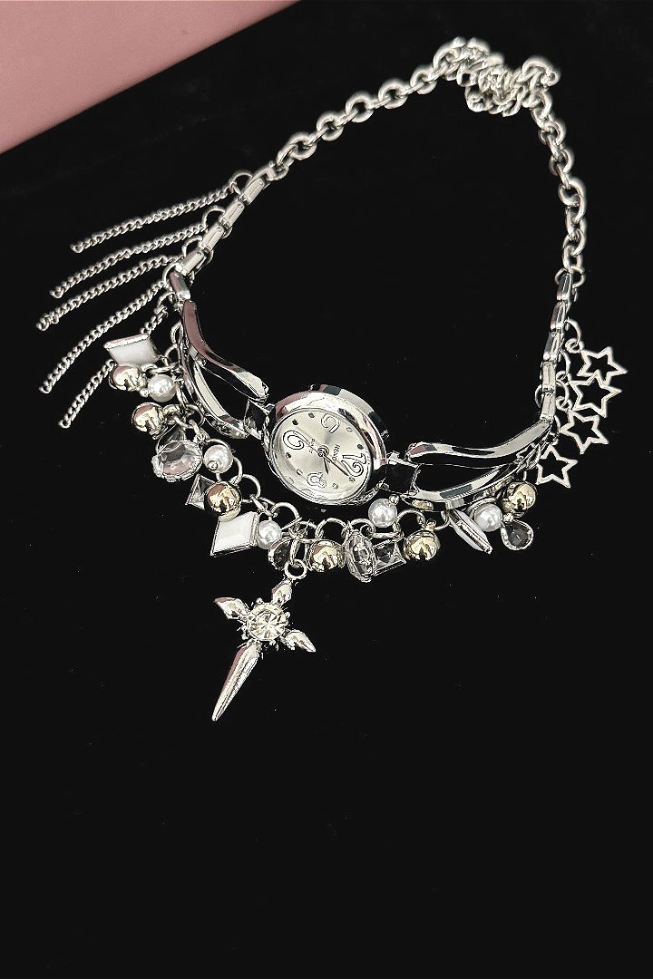 Streetwear Clock Beaded Cross Necklace