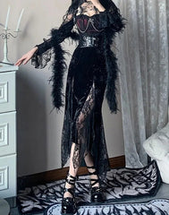 Lace Stitching Long Sleeve Midi Dress