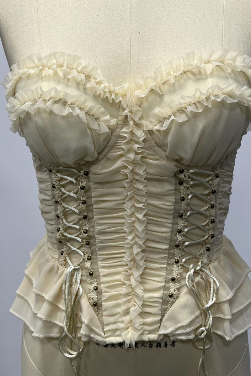 Apricot Ruffled Strapless Lace Up Corset