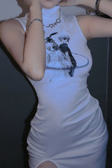 Anime Print Sleeveless Slit Qipao Maxi Dress