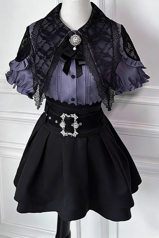 Lace Collar Puff Sleeve Skirt Sets
