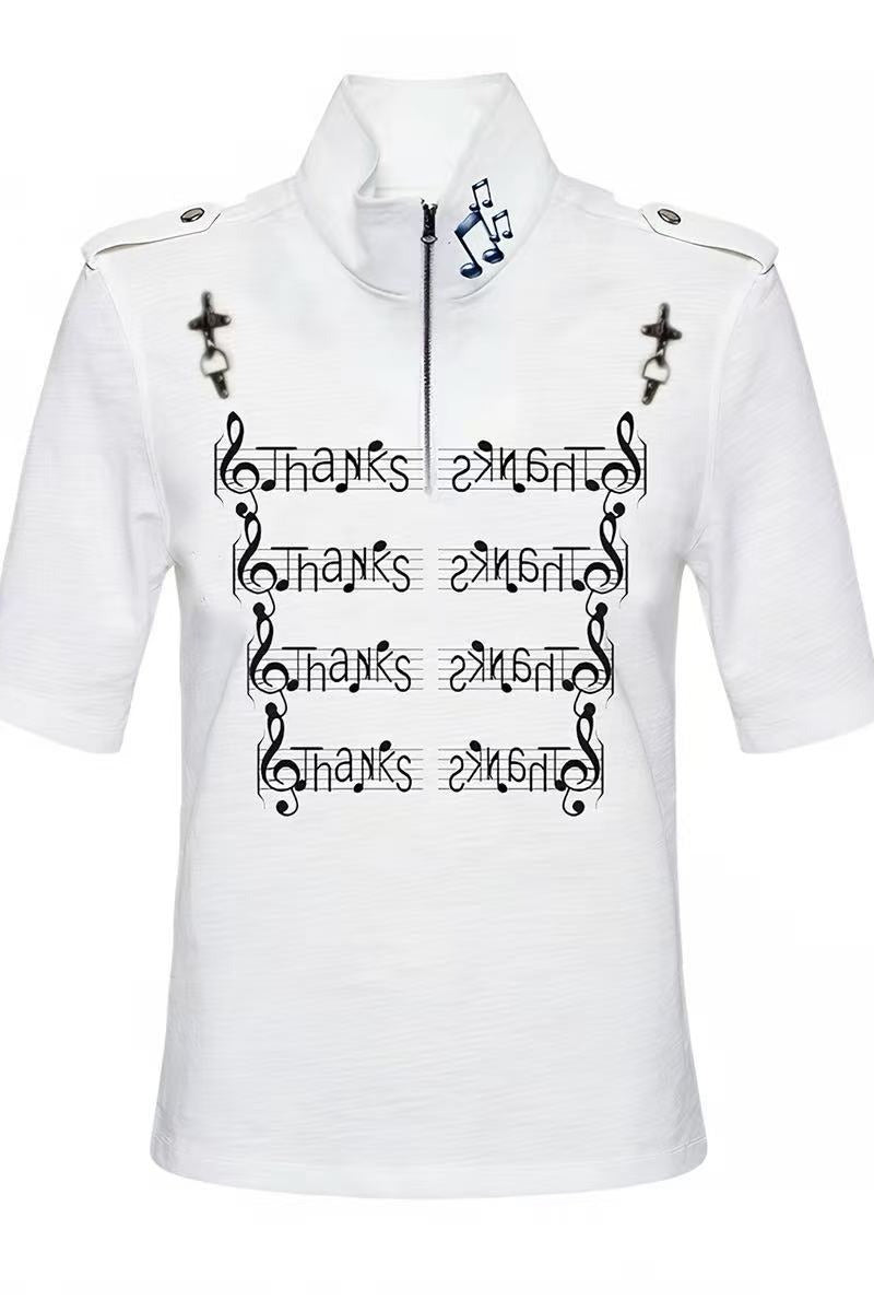 Note Printed Slim Stand Collar T-shirt