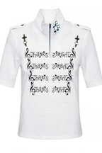 Note Printed Slim Stand Collar T-shirt