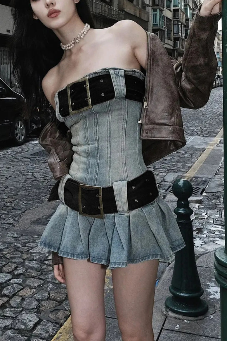 Y2K Washed Denim Pleated Strapless Mini Dress Main image