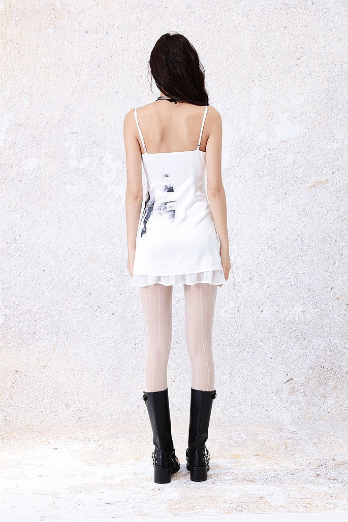 Lace Patch Satin Print Slim Halter Dress