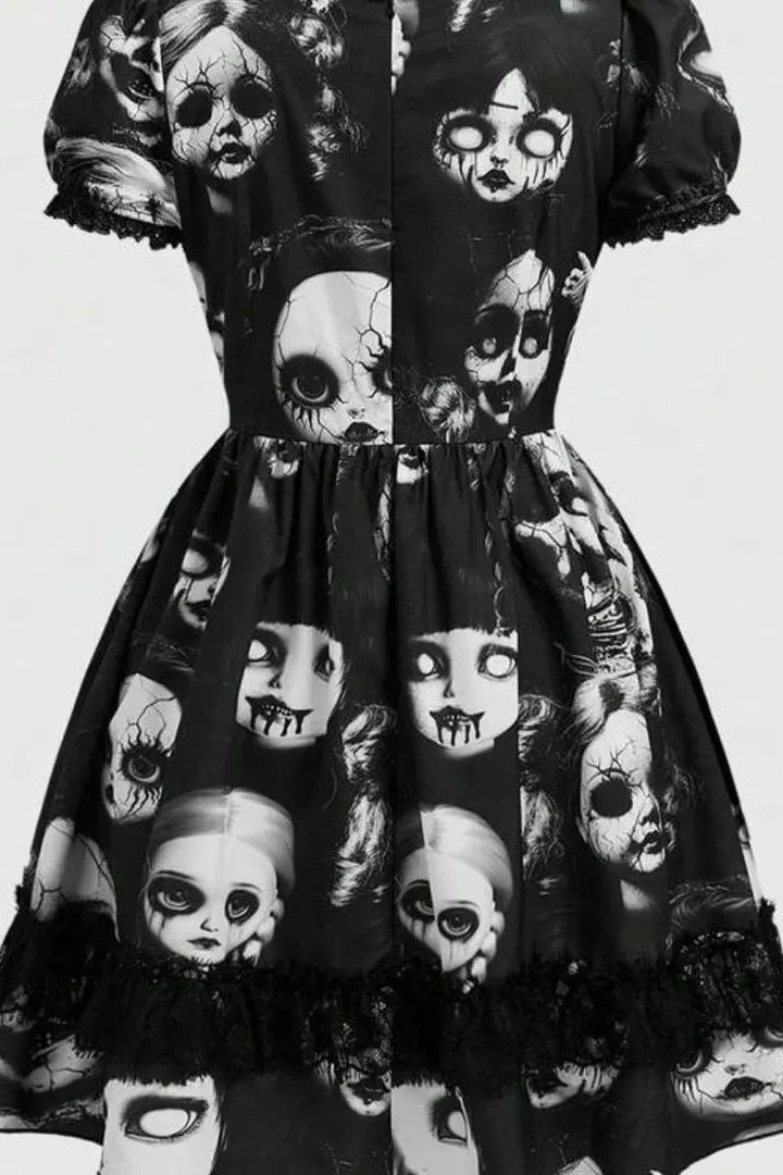 Doll Print Lace Trim Mini Dress