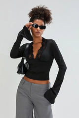 Slim Deep V Bell Sleeve Lace Trim Knit Top