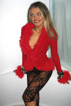 Sheer Mesh Fur Collar Crop Cardigan