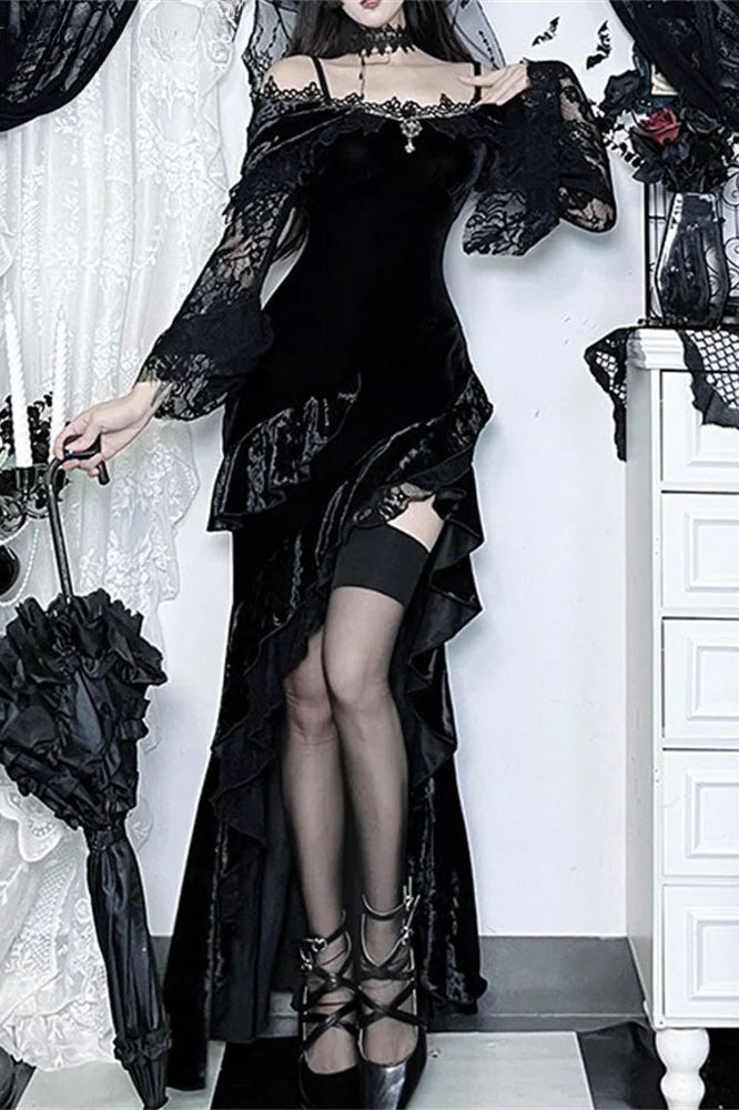 Grunge Gothic Asymmetrical Lace Black Maxi Dress Main image