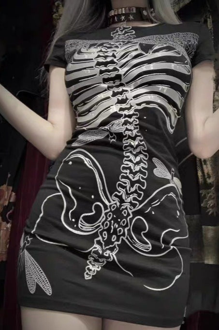Dark Gothic Skeleton Bone Print Sheer Slim Dress Secondary image
