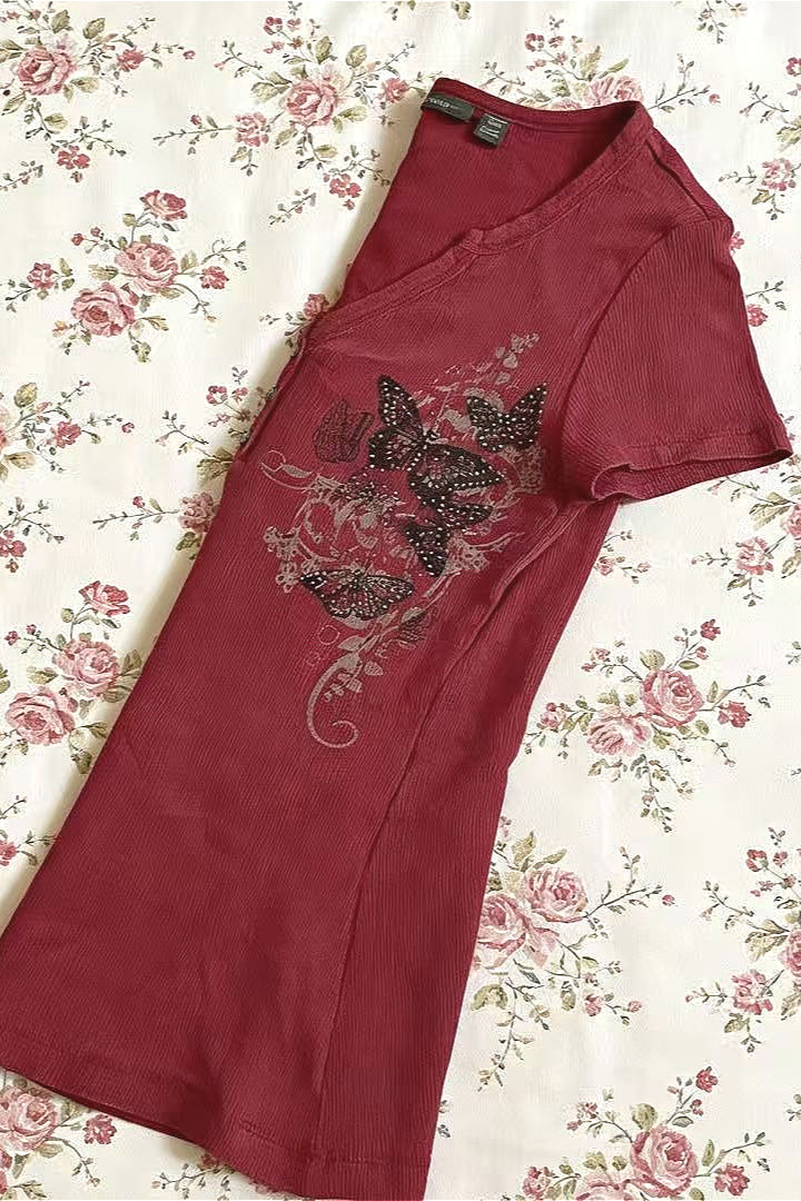 Y2K Millennium Butterfly Print Slim Fit T-shirt
