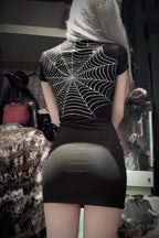 Dark Gothic Skeleton Bone Print Sheer Slim Dress
