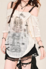 Subculture Loose Lace Sheer Printed Off-Shoulder T-shirt