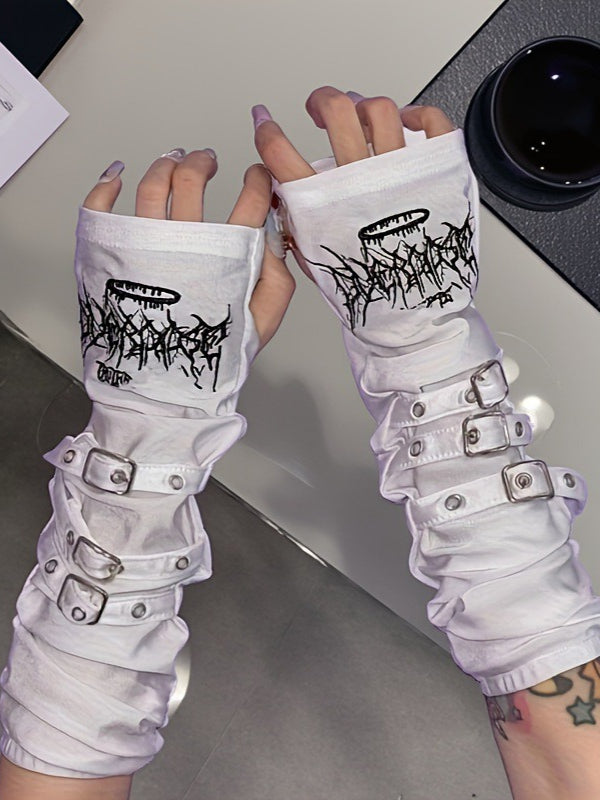 Punk Fingerless Double Straps Gloves Secondary image