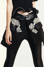 High-Street Beaded Bling PU Buckle Mini Skirt