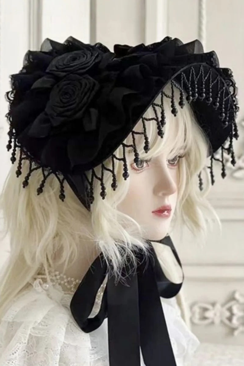 Gothic Lolita Black Pearl Tassel Lace Bow Feather Hat Main image