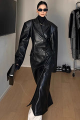 Fitted Shoulder Pad Leather Long Coat