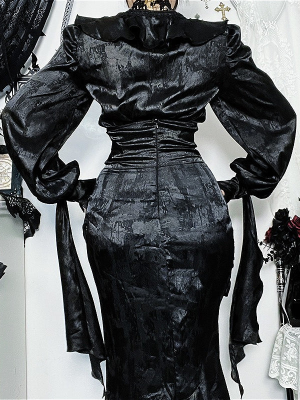 Ruffle Gothic V Neck Long Sleeve Blouse