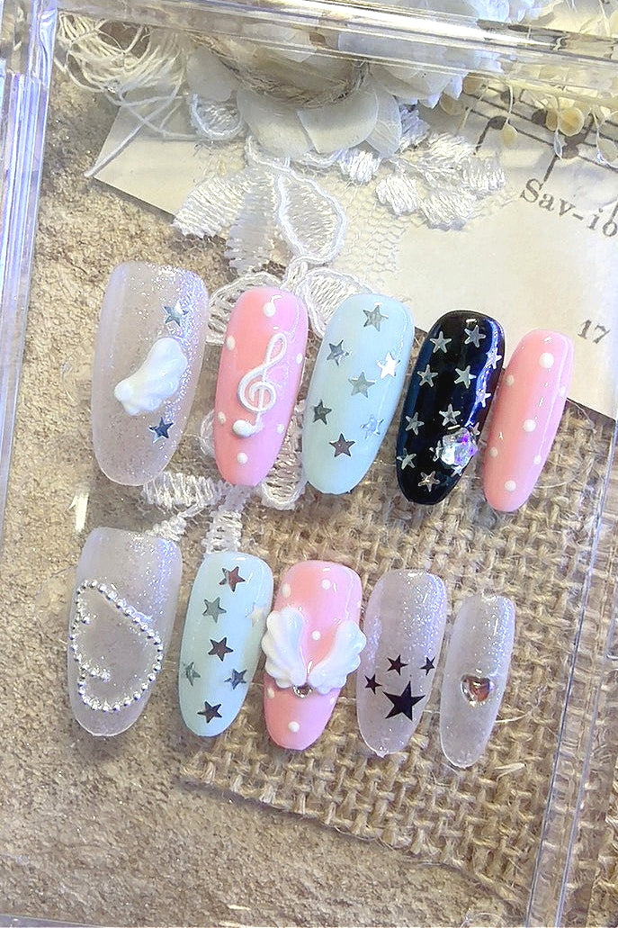 Y2K Retro Polka Dot Angel Note Press On Nails