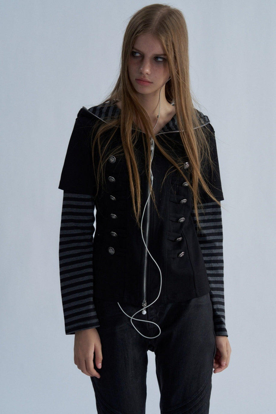Button Front Layered Stripe Hoodies