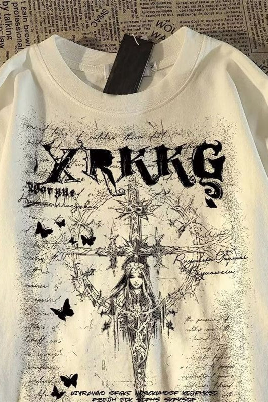 Retro Streetwear Cross Print Cotton Loose T-shirt Main image