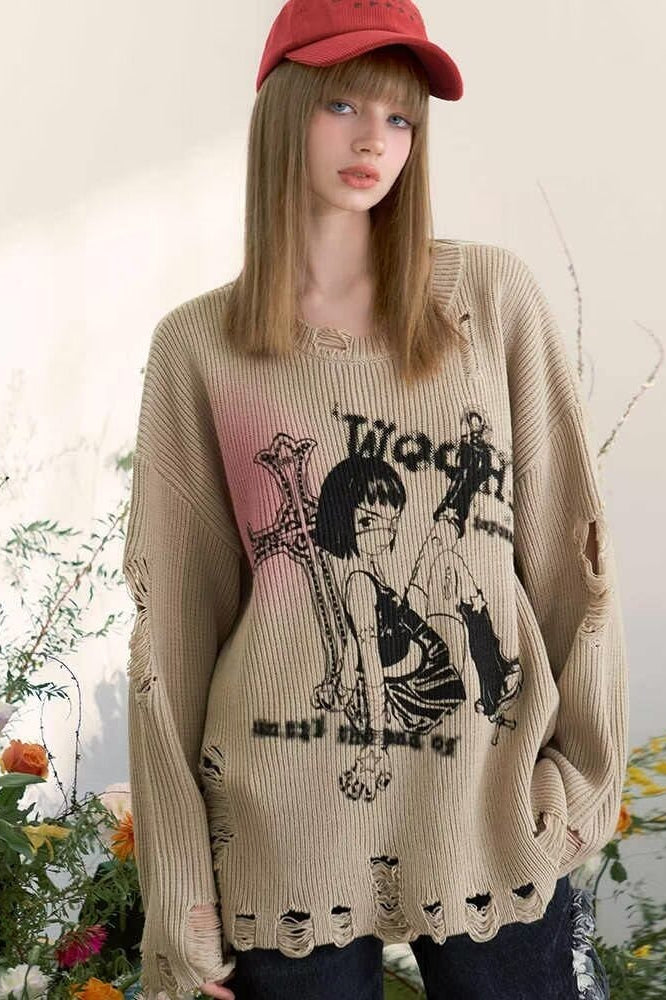 Vintage Distressed Loose-Fit Knit Sweater