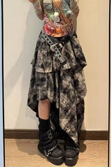 Y2K Alt Girl Tie-Dye Plaid Asymmetrical Tiered Maxi Skirt