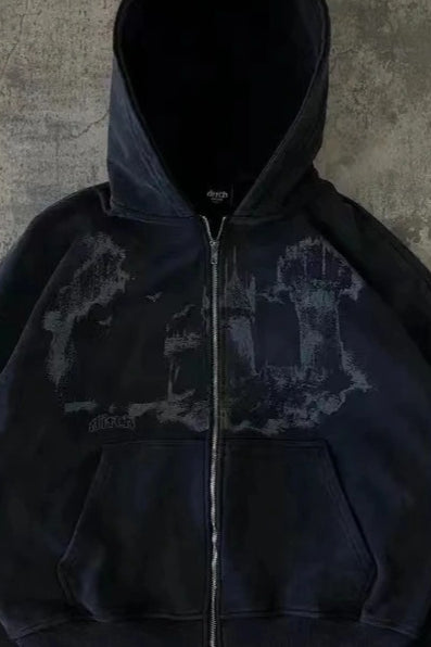 Washed Gothic Graphic Oversized Zip Hoodie Secondary image