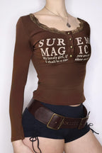 Lace Neck Letter Print Crop Tops