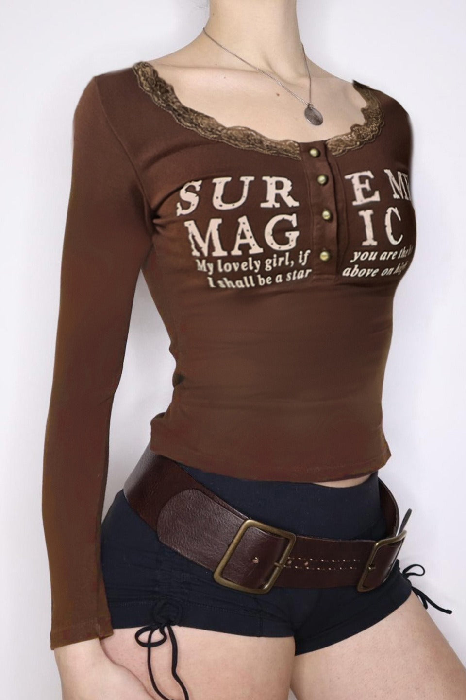 Lace Neck Letter Print Crop Tops