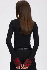 Vintage Patchwork Slim Fit Crop Long Sleeve Knit Top