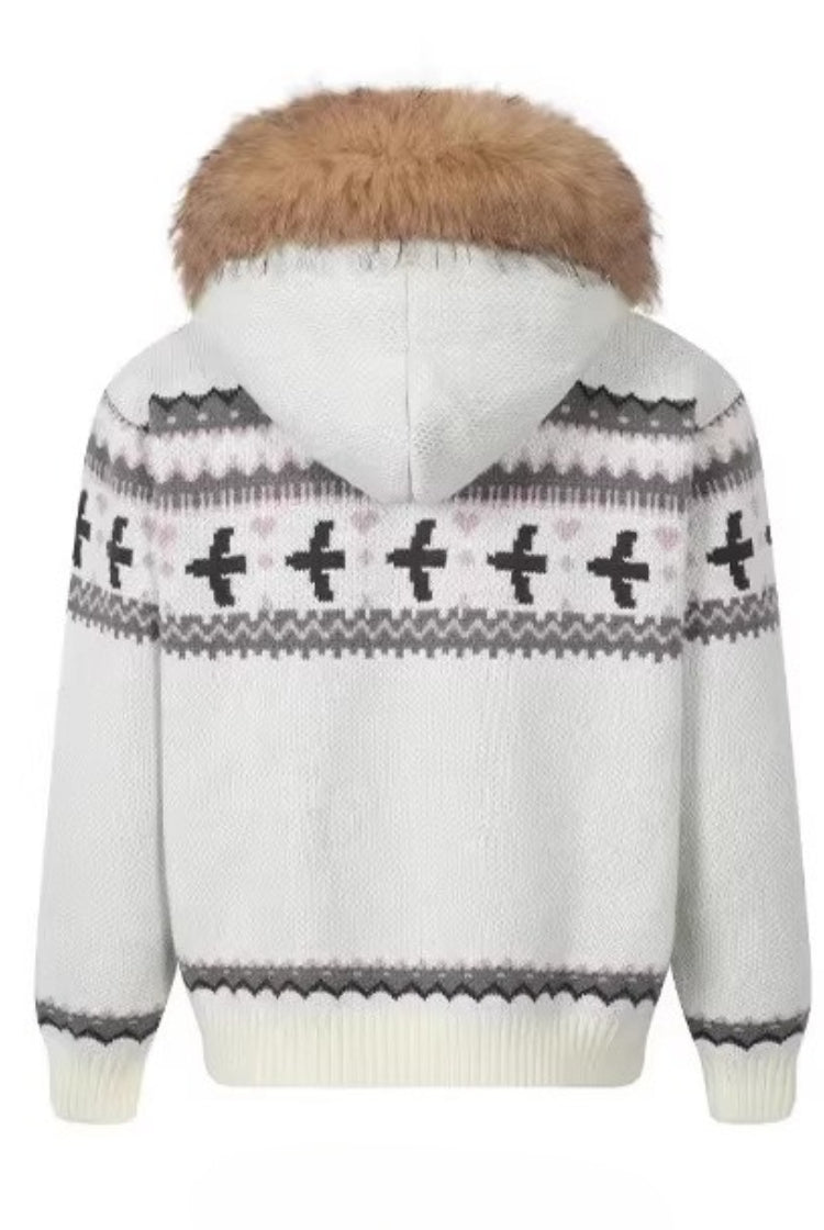 Dog Motif Fluffy Trim Knit Hoodies