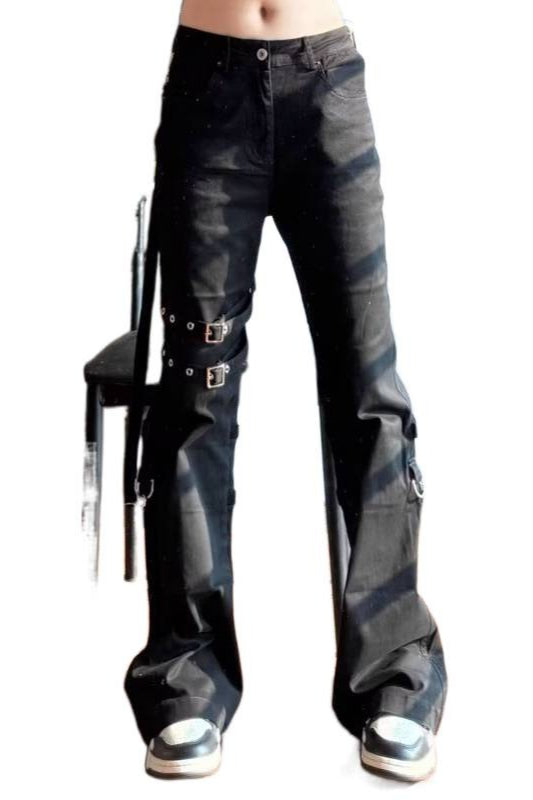Strap Buckle Flared Cargo Jeans