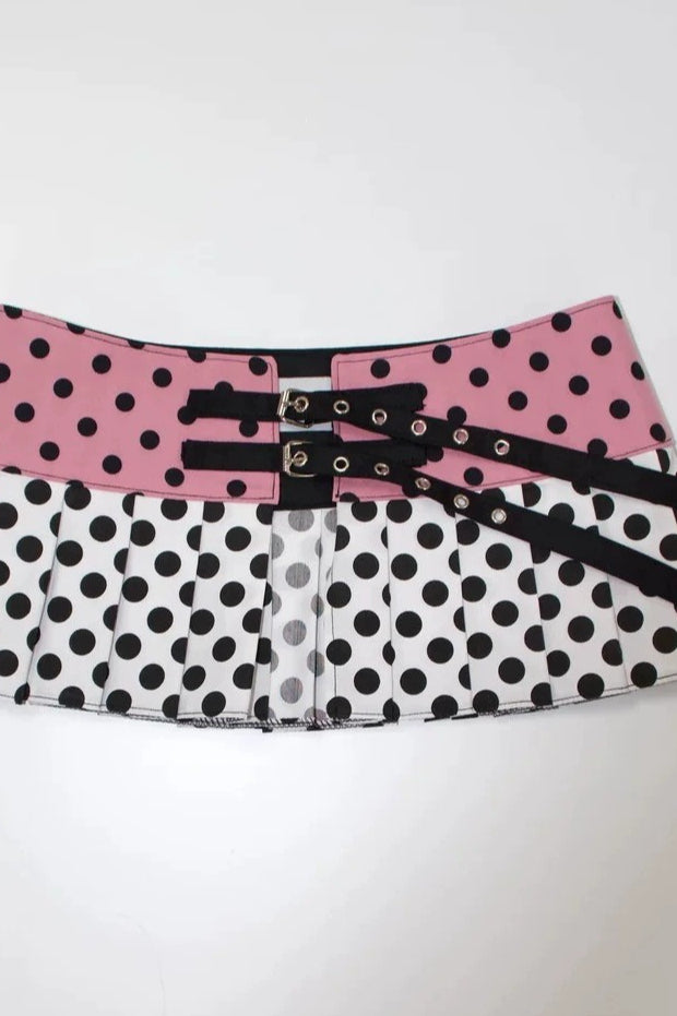 Contrast Polka Dot Pleated Belt Mini Skirt
