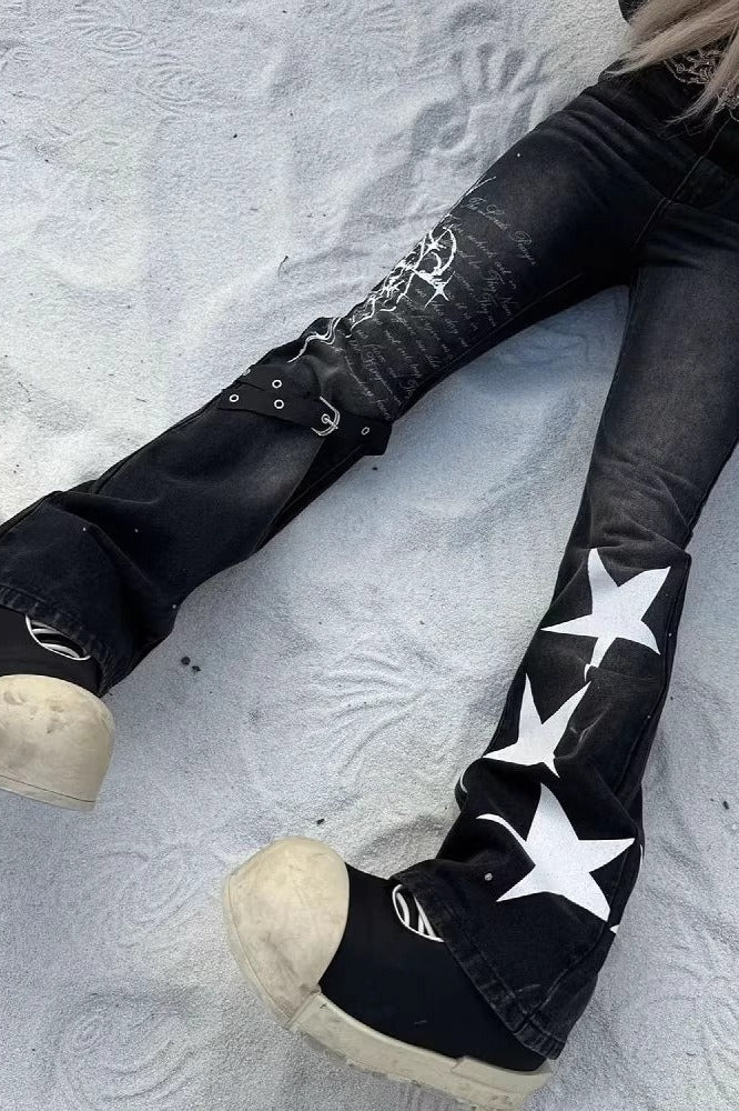 Retro Letter & Star Print Flare Jeans Pants