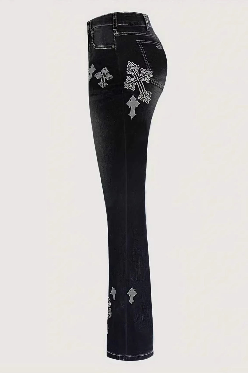 Cross Print Washed Flare Jeans