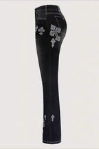 Cross Print Washed Flare Jeans