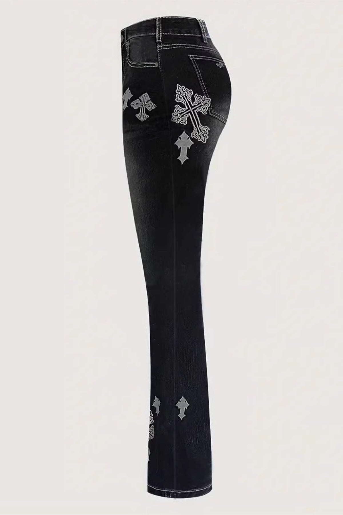Cross Print Washed Flare Jeans