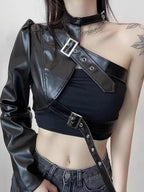 Punk Asymmetric PU Leather Single Sleeve Crop Top