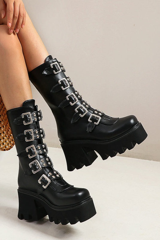 Multi-Buckle Knee-High Platform Boots