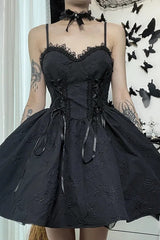 Black Gothic Jacquard Tie Up Lace Trim A-line Mini Dress