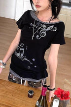 Y2K Slim Off-shoulder Music Note Printed T-shirt