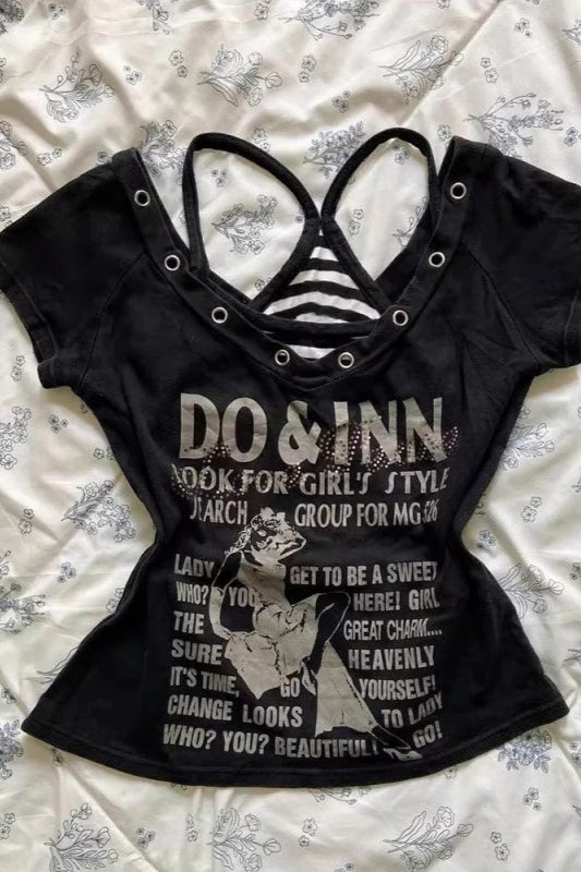Punk Y2K Vintage Letter Print V-Neck T-shirt Main image