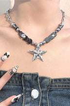 Black Silver Beaded Star Necklace