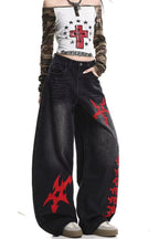 Red Emblem Washed Denim Pants