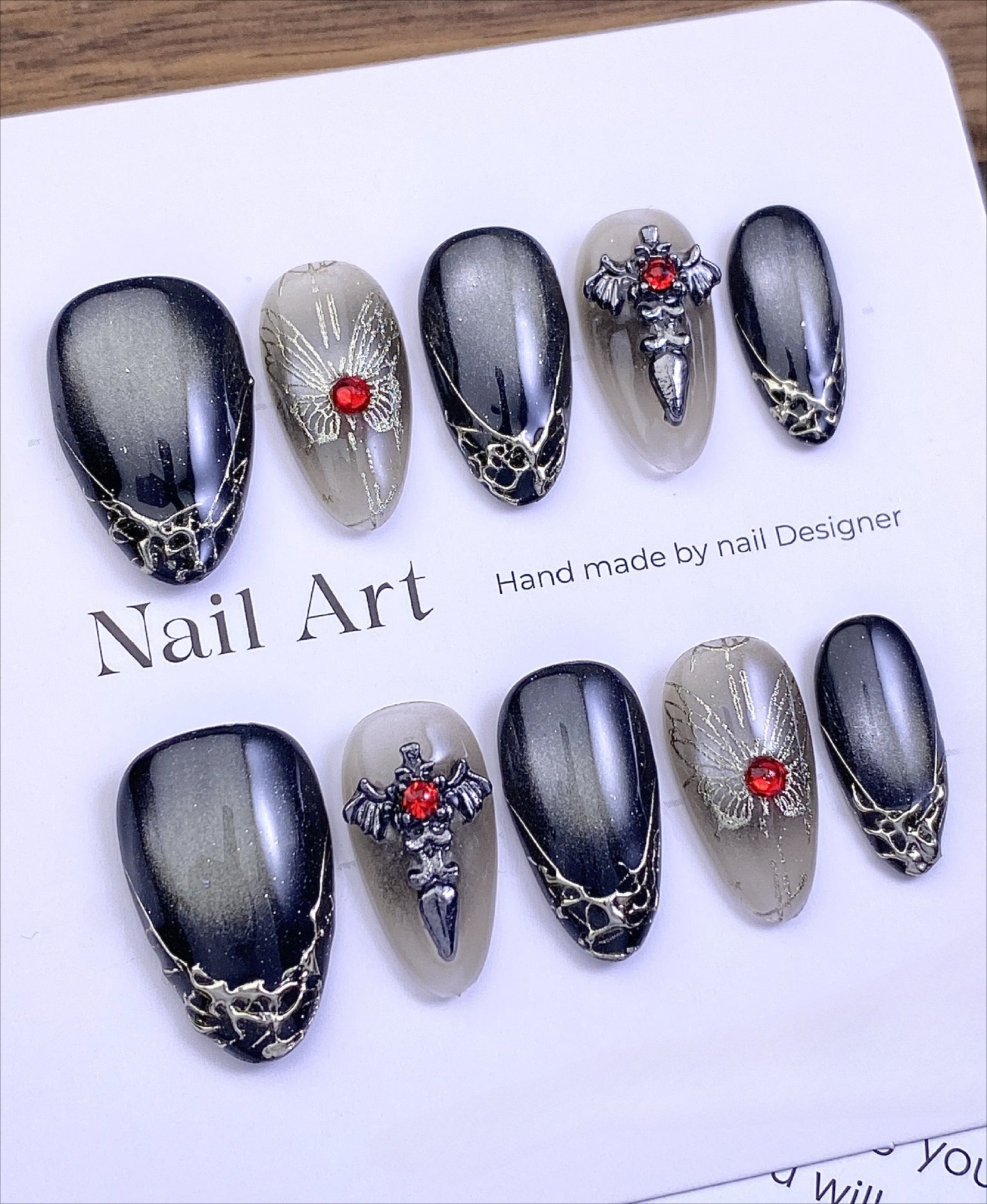 Dark Gothic Red Rhinestone Press On Nails Secondary image