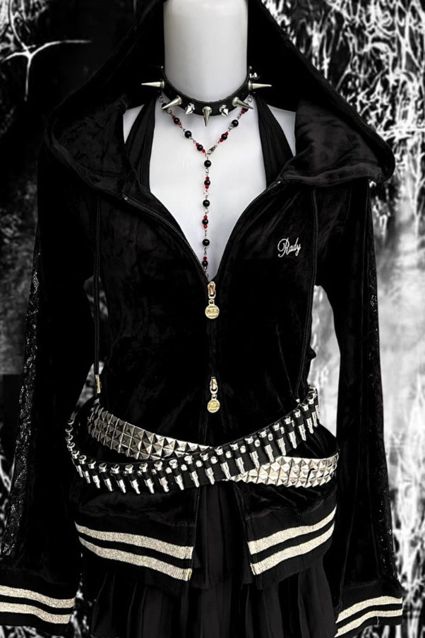 Lace Panel Embroidered Zip Hoodie