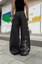 Floral Vine Embroidered Wide Leg Jeans
