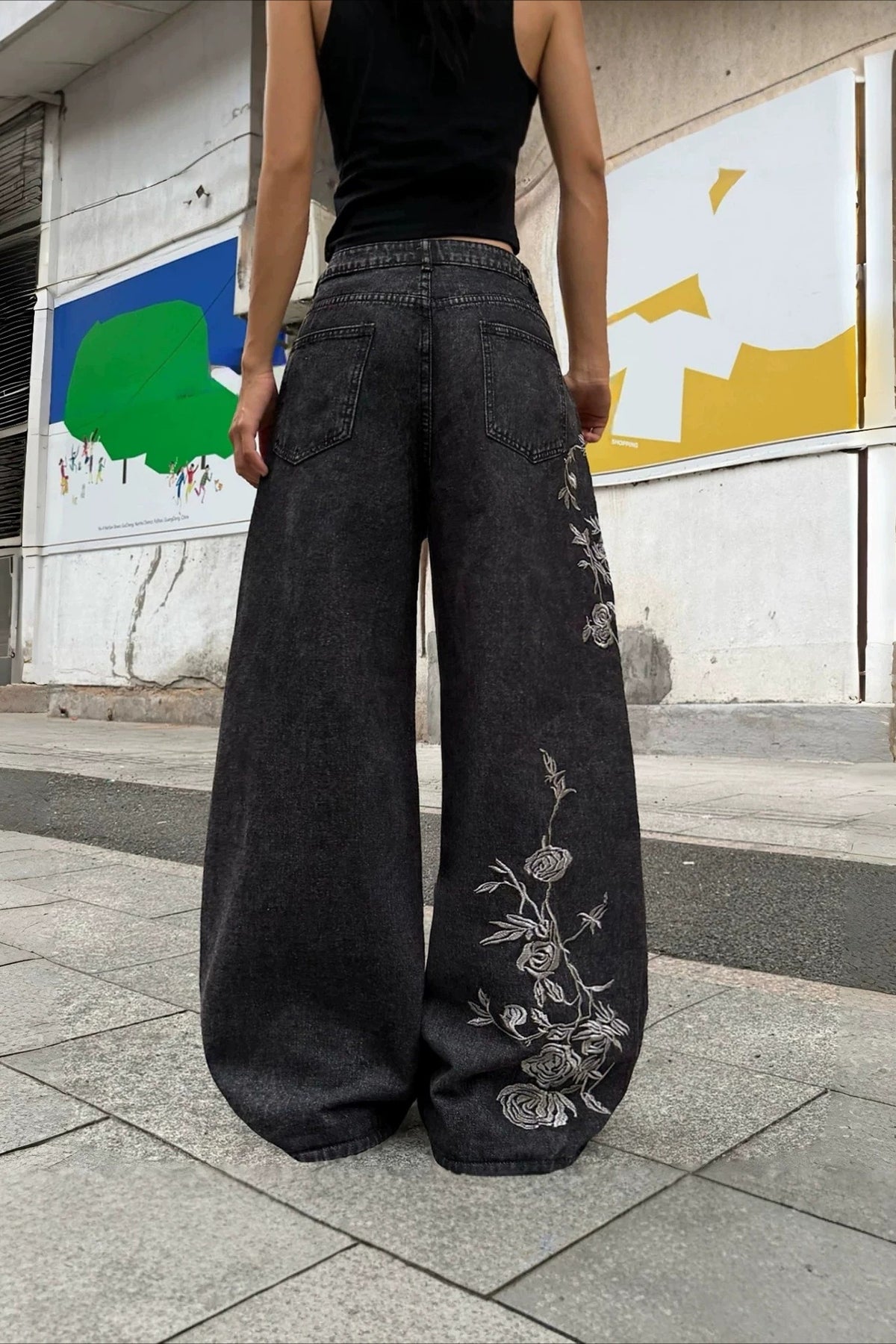 Floral Vine Embroidered Wide Leg Jeans